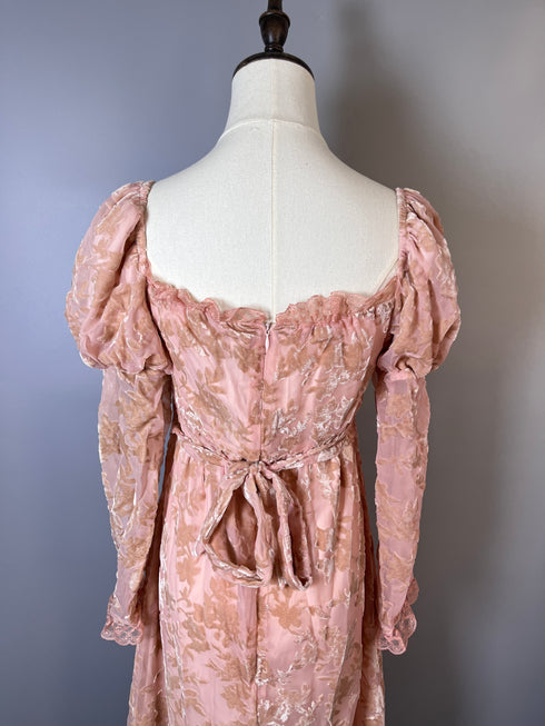 Blush Pink Regency Era Dress with Puff Sleeves and Floral Embroidery - Blush Pink Regency Era Dress Plus Size